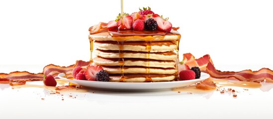 Poster - A close-up view of a plate filled with delicious pancakes topped with syrup and a mix of fresh berries, creating a mouthwatering breakfast treat