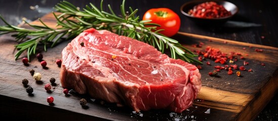 Aufkleber - Close up of a raw piece of meat on a wooden cutting board, garnished with fresh herbs, cherry tomatoes, and peppercorns
