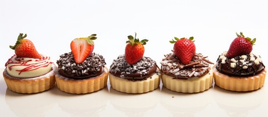Fototapete - Assorted cupcakes with various toppings including a strawberry on top, displayed on a white background