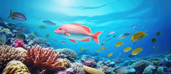 Poster - Young fish gracefully glides through vibrant corals surrounded by various marine creatures on a coral reef in the ocean