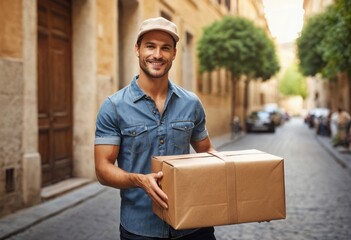 A male courier delivering a cardboard box on a city street. The historic buildings and cobblestone street add to the urban setting.