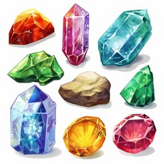 Poster - Set of precious stones, multicolored gems isolated. Icons for games