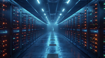 Poster - A data center with rows of virtual machines, Computer networking server room in office