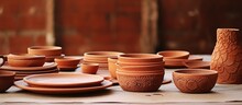 Handmade Tableware Made From Clay Including Various Brown Bowls And Plates Placed On A Table