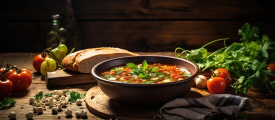 Poster - A detailed view of a bowl filled with delicious vegetarian vegetable soup served with a side of bread, placed on a wooden table
