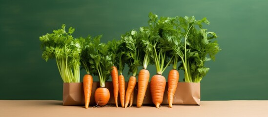 Fototapete - Fresh carrots and green parsley neatly packed in an eco-friendly paper bag placed on a wooden table