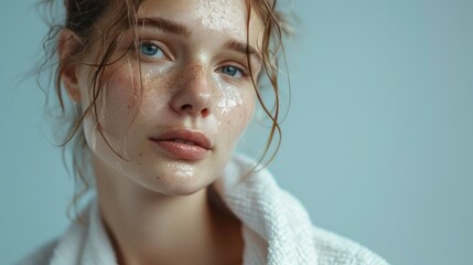 Wall Mural - A close-up of a woman with wet hair and skin wearing a white towel with a soft focus background in a light blue hue showcasing her natural beauty and a serene expression.