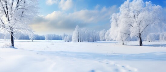 Poster - Landscape of trees in a snow-covered field under a clear blue sky with fluffy white clouds in winter