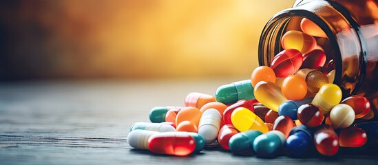 Poster - A close up image of a bottle with pills spilling out, showing selective focus on various medicines and vitamins capsules and tablets