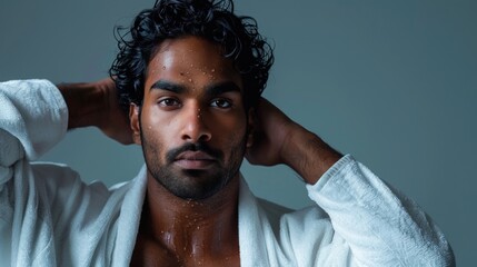 Wall Mural - A man with a beard and curly hair wearing a white robe with water droplets on his face looking contem plative.