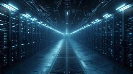 Poster - A data center with rows of virtual machines, Computer networking server room in office