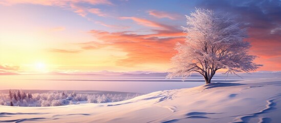 Aufkleber - Standing amidst a serene winter landscape, a lone tree is silhouetted on a snow-covered hill under the warm hues of the setting sun