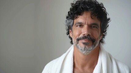 Wall Mural - A man with curly hair and a beard wearing a white robe smiling at the camera.