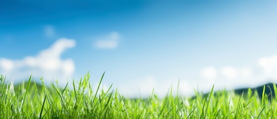 Wall Mural - Green grass field and blue sky with clouds. Panoramic view.