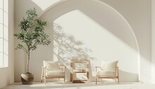 3D Rendering Of An Interior Design Mockup Background In A Japandi Style Room With A Wooden Wall And Arch, White Walls, Two Armchairs, A Wood Table And An Olive Tree Plant On The Left Side