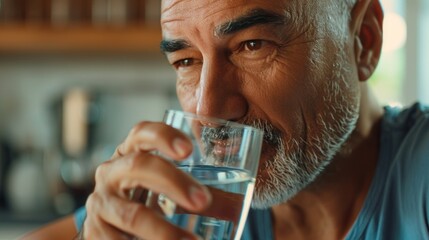 Wall Mural - A man with a gray beard and mustache drinking water from a glass looking contemplative.