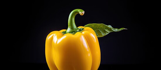 Poster - A bright yellow bell pepper with a fresh green leaf, contrasting against a dark black background, highlighting its vibrant colors