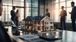 Close up image of house model with group business people on blurred background in building design studio. Architecture project concept