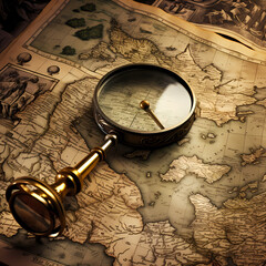 Canvas Print - Antique map with a magnifying glass. 