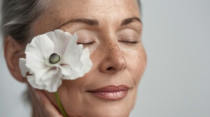 Wall Mural - A serene close-up of a woman's face with her eyes closed and a white flower gently resting on her eyelashes conveying a sense of tranquility and beauty.