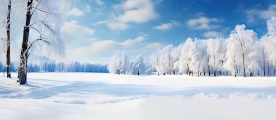 Fototapete - Scenic view of a winter landscape featuring a vast snowy field dotted with trees against a clear blue sky