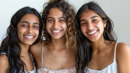 Poster - Three young women with long hair smiling and posing closely together for a portrait wearing sleeveless tops against a plain background.