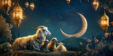 Fototapeta  - Eid Al Adha background crescent moon and ram sheep with beautiful mosque in backside
