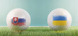Slovakia vs Ukraine football match infographic template for Euro 2024 matchday scoreline announcement. Two soccer balls with country flags placed against each other on the green grass with copy space