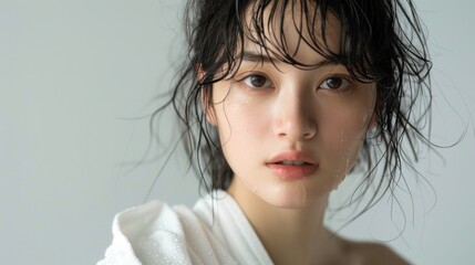 Wall Mural - Woman with wet hair glossy skin and a soft expression wearing a white garment against a neutral background.