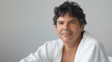 Man with curly hair smiling wearing a white robe against a neutral background.