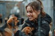 Volunteer female at Animal Shelter Pet in uniform. Generative Ai