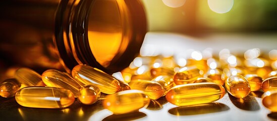 Aufkleber - A detailed view of numerous fish oil capsules alongside a bottle of fish oil, depicting health and wellness