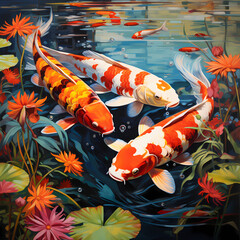 Wall Mural - Colorful koi fish swimming in a pond.