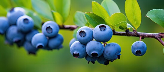 Poster - Abundant blueberries are clustered on a branch adorned with vibrant green leaves, creating a picturesque sight in nature