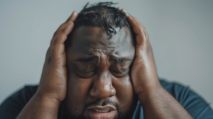 Sticker - Man with dark skin closed eyes and a furrowed brow pressing his hands against his temples expressing intense emotion or distress.