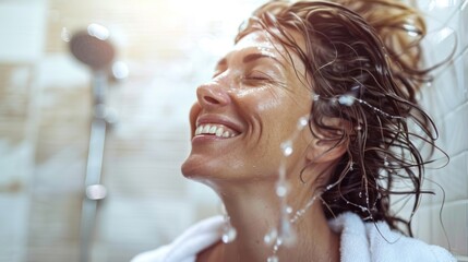 Wall Mural - Woman with long hair smiling in shower with water droplets on her face and hair.