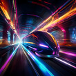 Futuristic train speeding through a neon-lit tunnel