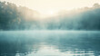 A serene depiction of dawn's light presenting a hazy, peaceful atmosphere over a still lake, evoking a sense of tranquility