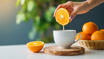 hand squeezing fresh orange juice into cup, promoting healthy lifestyle and nutrition
