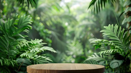 Wooden podium in tropical forest for product presentation and green background.