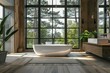 A large modern bathroom with large windows, high ceilings, standing modern bathtub, wood texture, plants, modern transitional.