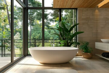 Wall Mural - A large modern bathroom with large windows, high ceilings, standing modern bathtub, wood texture, plants, modern transitional.