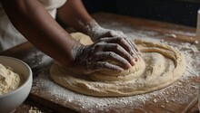 Details In Baking Process. Close Up Of Black Female Hands Molding Raw Dough On Wooden Table Powdered With Flour. Experienced Housewife Working Accurate With Bread Base To Fill With Air For Softness.