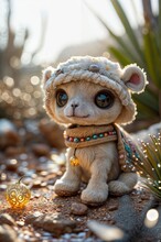Cute Little Toy Cat In A Hat With Beads On The Beach