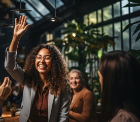 Wall Mural - Group of Employees Celebrating Success at Meeting Table Generative AI