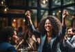 Woman Celebrates Victory With Raised Arms at Restaurant Generative AI