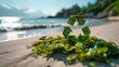 © NE97 - Green recycle symbol on beach with blurred sea background, representing sustainability and eco-friendly mindset.