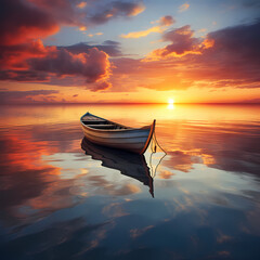 Poster - Sunset over a calm ocean with a lone boat.