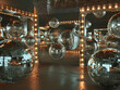 Futuristic Mirror Space with Airborne Disco Balls. Elegant mirrored interior with floating disco balls reflecting light.