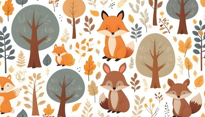 Wall Mural - Seamless pattern with cute foxes with autumn leaves. Hand-drawn childish background with wild animals in the forest. Endless kid's texture for apparel, textile,s and prints. vector illustration